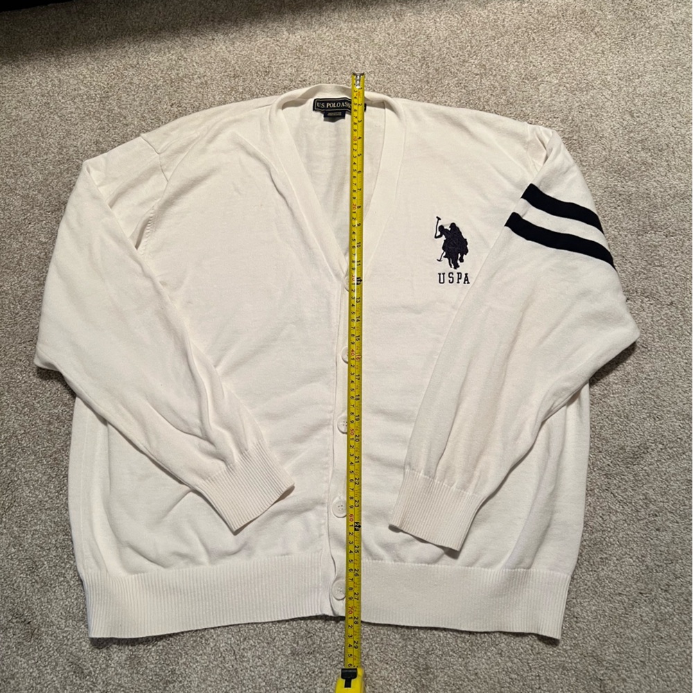 U.S. POLO ASSN White cardigan sweater 100% cotton with two navy blue stripes XXL - Picture 6 of 8